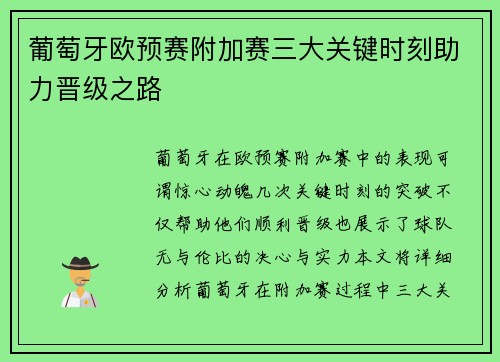 葡萄牙欧预赛附加赛三大关键时刻助力晋级之路