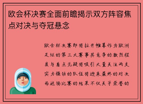 欧会杯决赛全面前瞻揭示双方阵容焦点对决与夺冠悬念